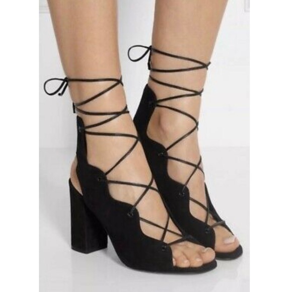 💛Saint Laurent Blk Suede Block Heel Lace Sandals - Picture 2 of 12